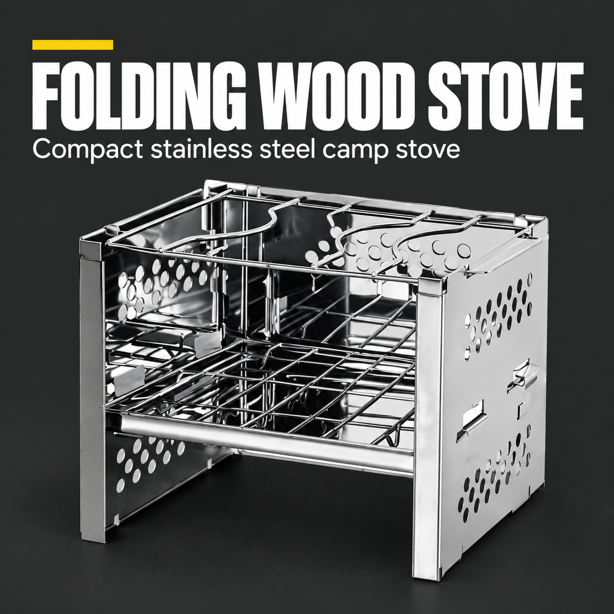 FOLDING WOOD STOVE — Compact stainless steel camp stove