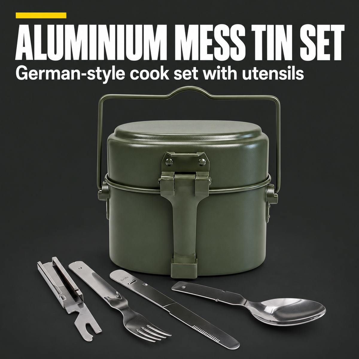 ALUMINIUM MESS TIN SET — German-style cook set with utensils