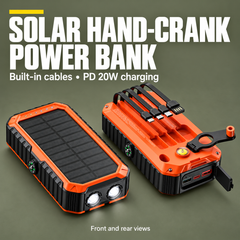 SOLAR HAND-CRANK POWER BANK — Built-in cables • PD 20W charging