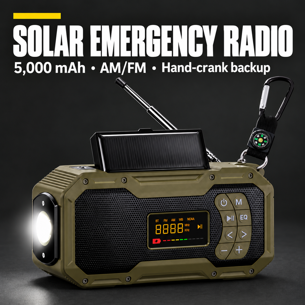 SOLAR EMERGENCY RADIO — 5,000 mAh • AM/FM • Hand-crank backup
