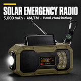 SOLAR EMERGENCY RADIO — 5,000 mAh • AM/FM • Hand-crank backup