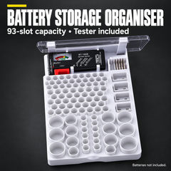 BATTERY STORAGE ORGANISER — 93-slot capacity • Tester included