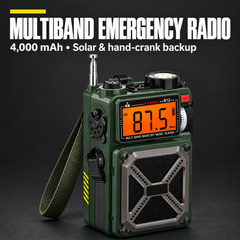 MULTIBAND EMERGENCY RADIO — 4,000 mAh • Solar & hand-crank backup