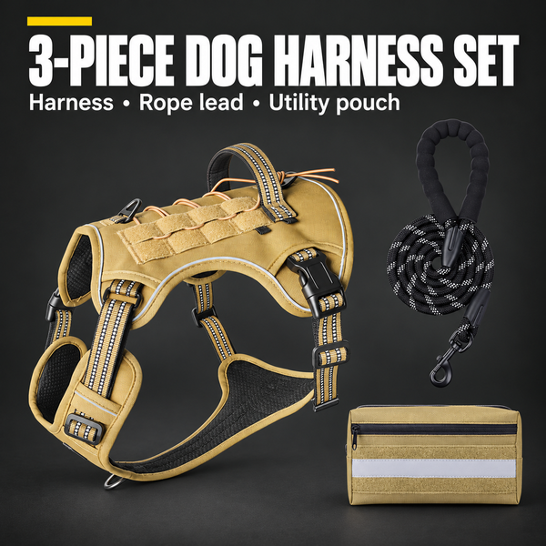 3-Piece Khaki Tactical Dog Harness Set (S Size)