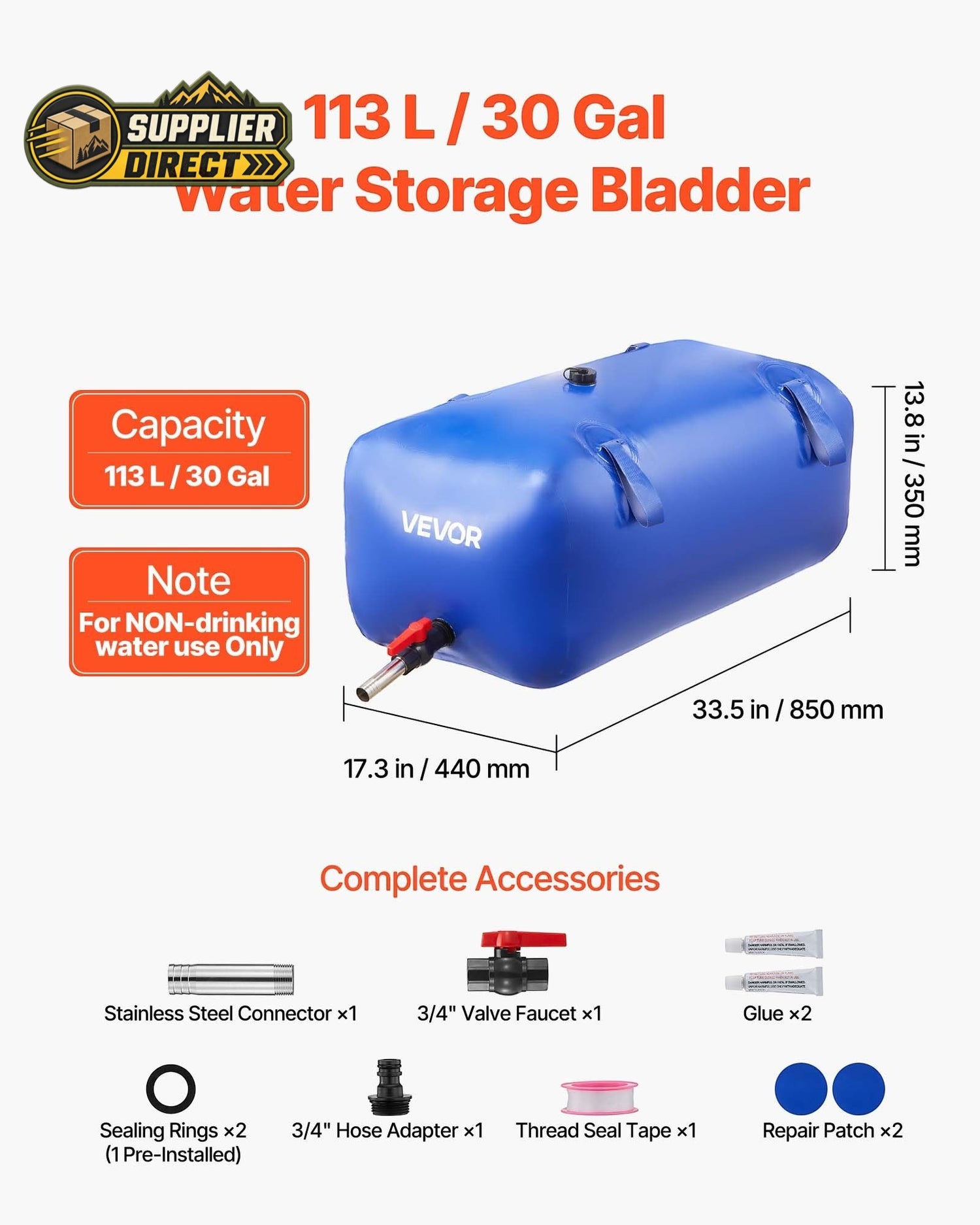 PrepPro Australia 113L blue PVC water storage bladder with included faucet valve, hose connector, and repair kit.
