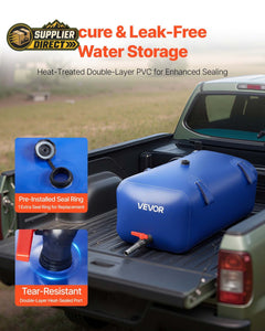 PrepPro Australia 113L blue PVC water storage bladder secured in a truck bed for camping and off-grid water transport.