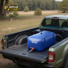 PrepPro Australia 113L blue heavy-duty PVC water storage bladder sitting in the bed of a pickup truck for transport.