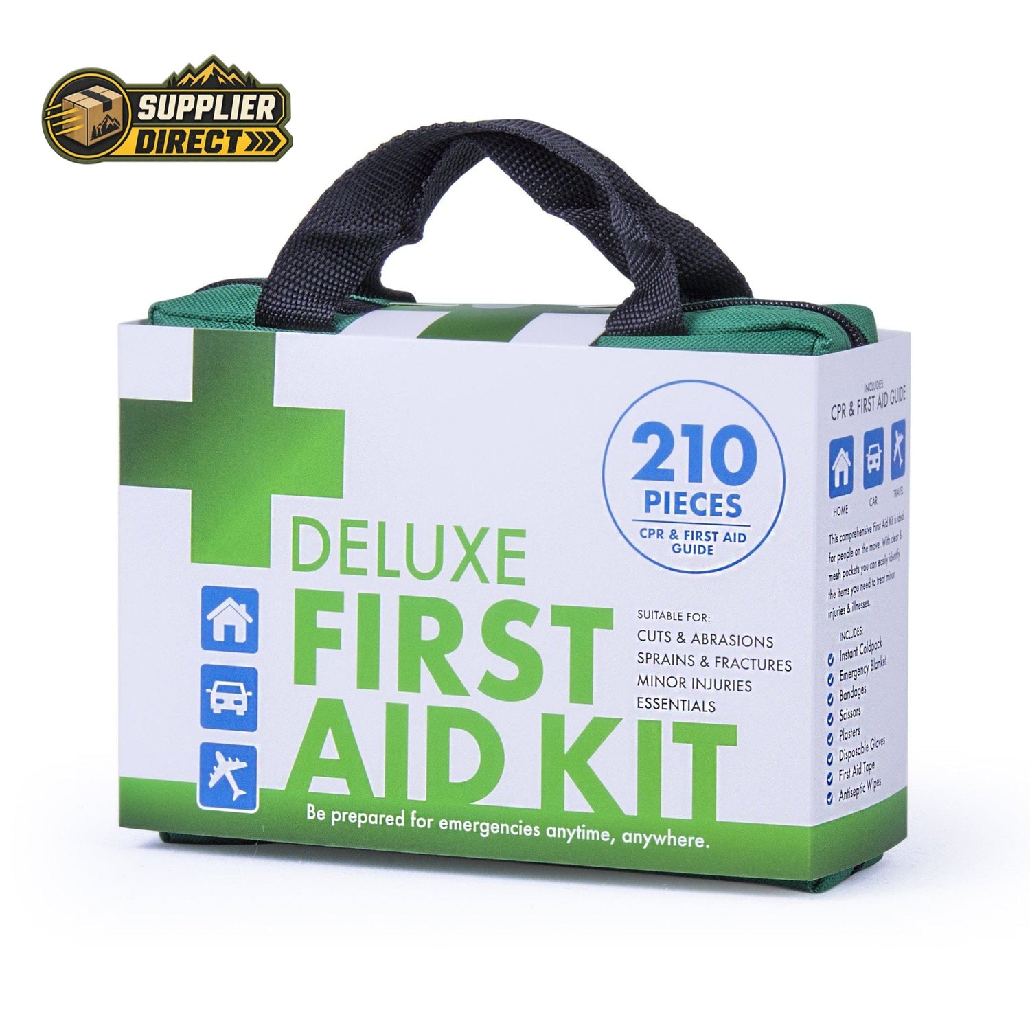 PrepPro Australia 210 piece deluxe first aid kit in a green and white carry bag for home, car, and travel emergencies.