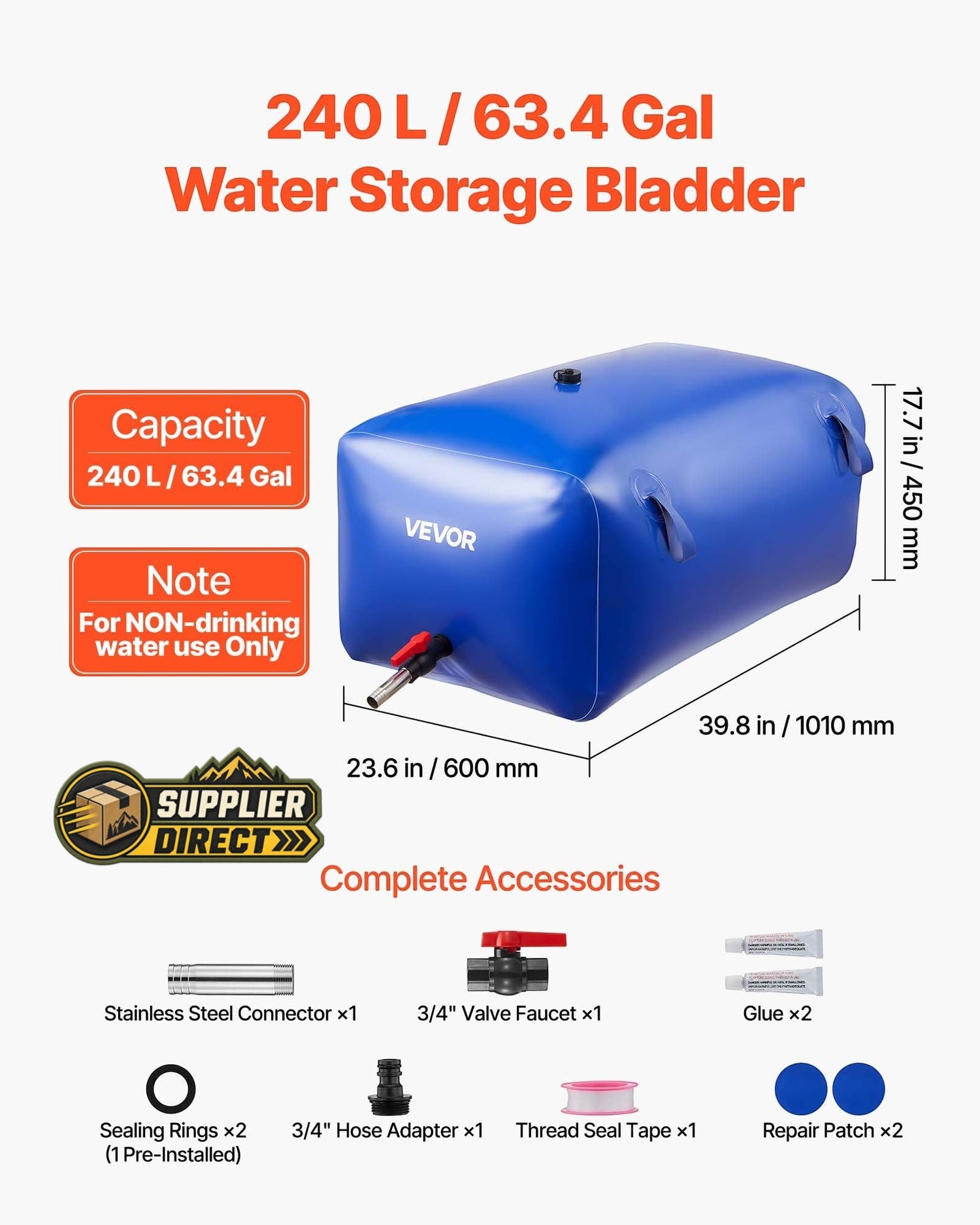 PrepPro Australia 240L blue PVC water storage bladder with faucet valve, hose connectors, and repair kit accessories.