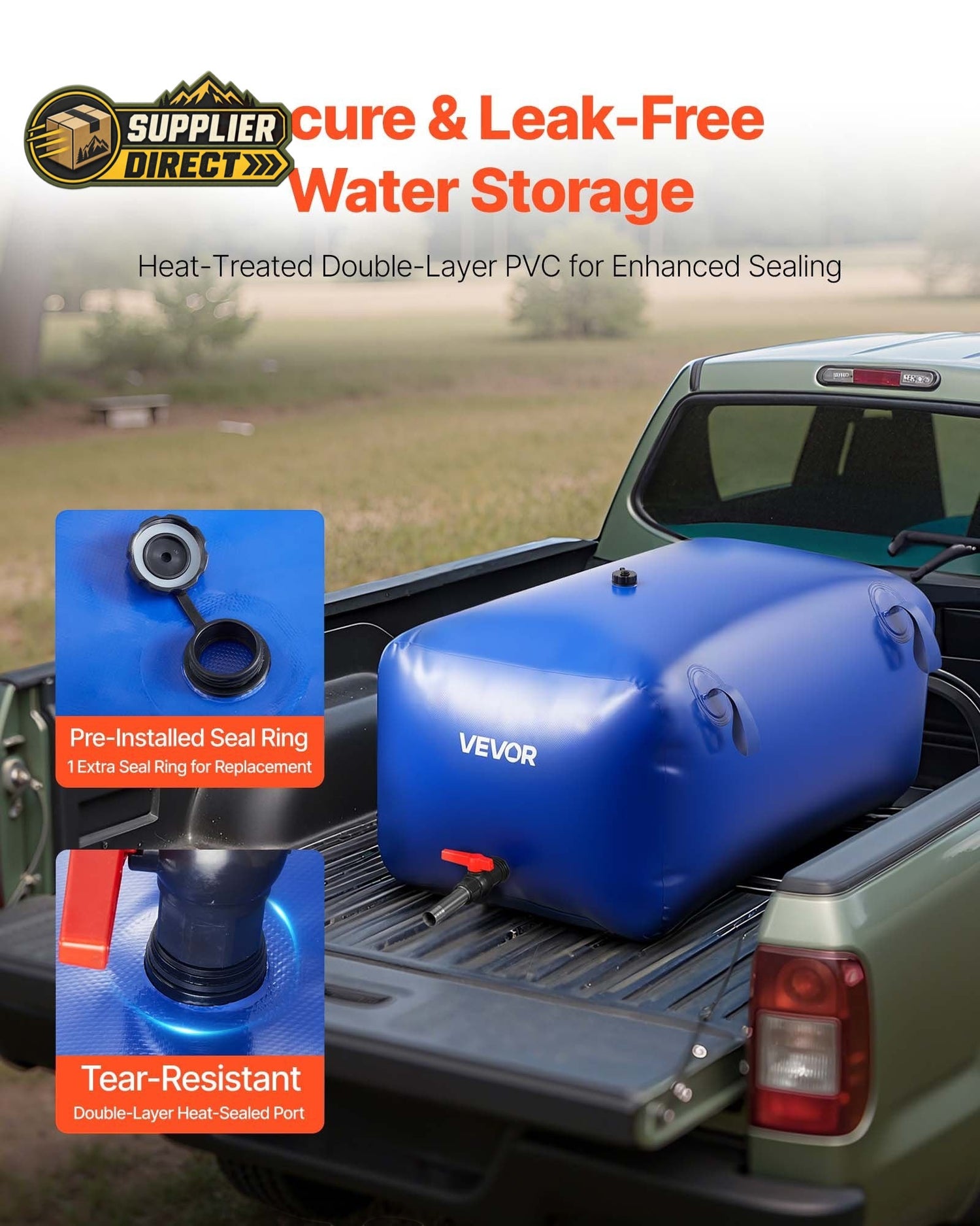 PrepPro Australia 240L blue PVC water storage bladder secured in a pickup truck bed for camping and emergency use