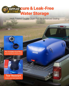 PrepPro Australia 240L blue PVC water storage bladder secured in a pickup truck bed for camping and emergency use