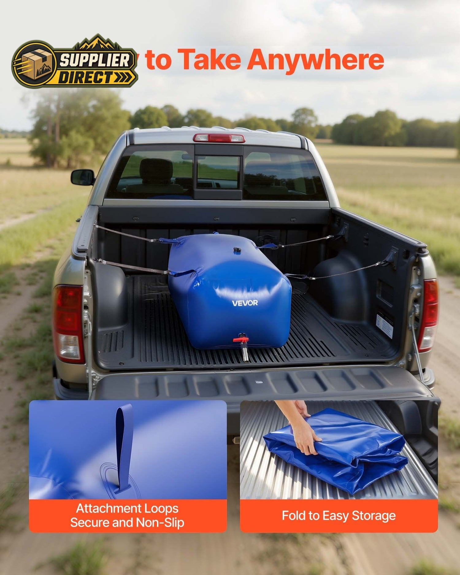 PrepPro Australia 240L blue PVC water storage bladder secured in a truck bed, showing attachment loops and folding.