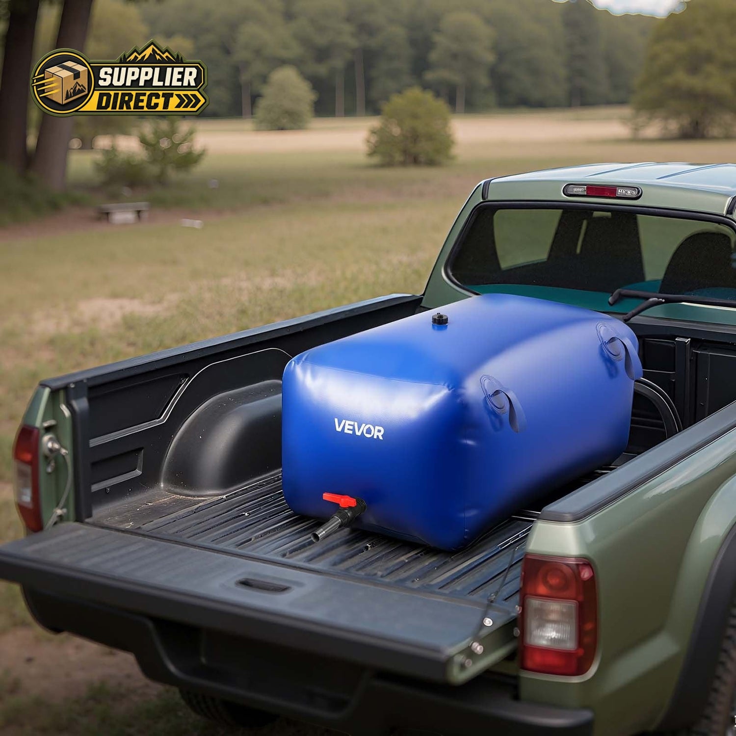 PrepPro Australia 240L blue PVC water storage bladder secured in a pickup truck bed for outdoor use.