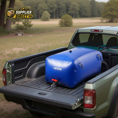 PrepPro Australia 240L blue PVC water storage bladder secured in a pickup truck bed for outdoor use.