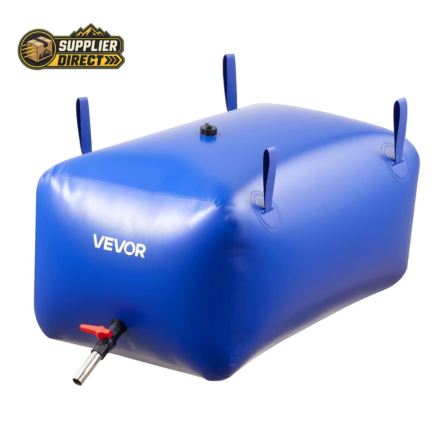 PrepPro Australia 240L blue heavy-duty PVC water storage bladder with faucet valve and reinforced carry straps.