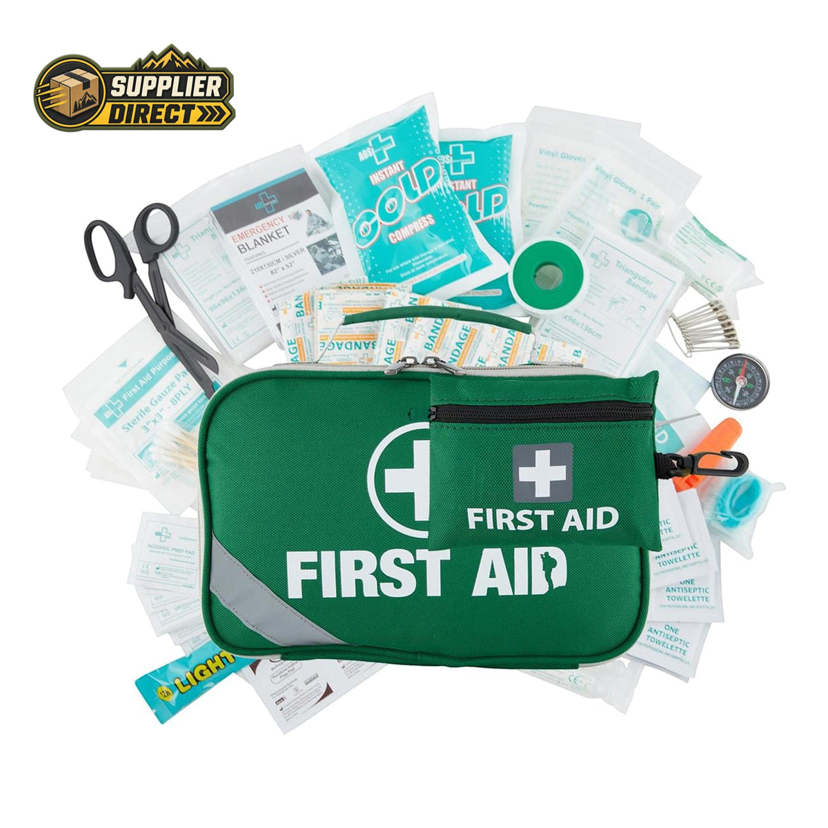 PrepPro Australia 258-piece 2-in-1 emergency first aid kit with medical supplies, scissors, and portable travel bag.