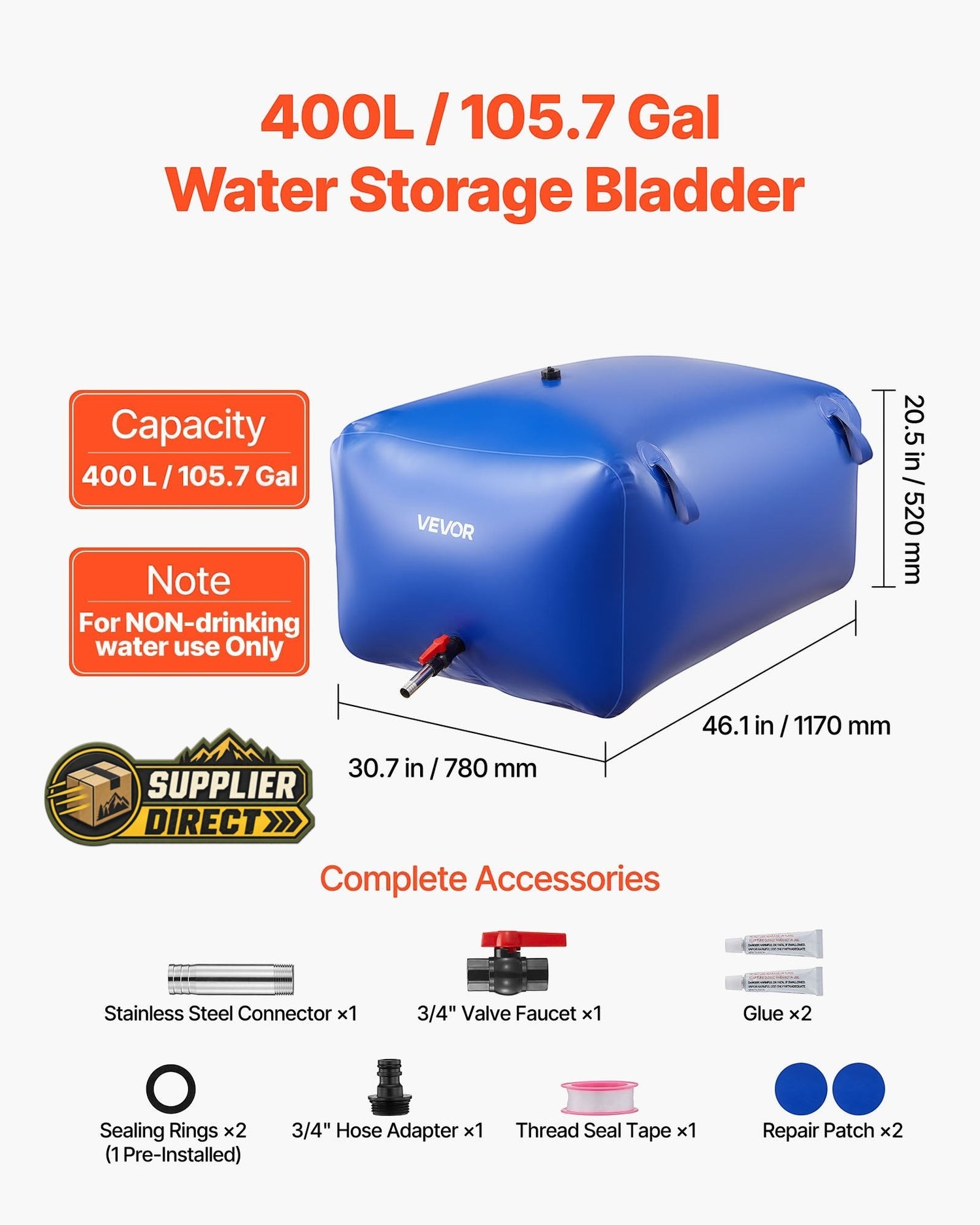 PrepPro Australia 400L blue PVC water storage bladder with faucet valve, hose connector, and repair kit accessories.