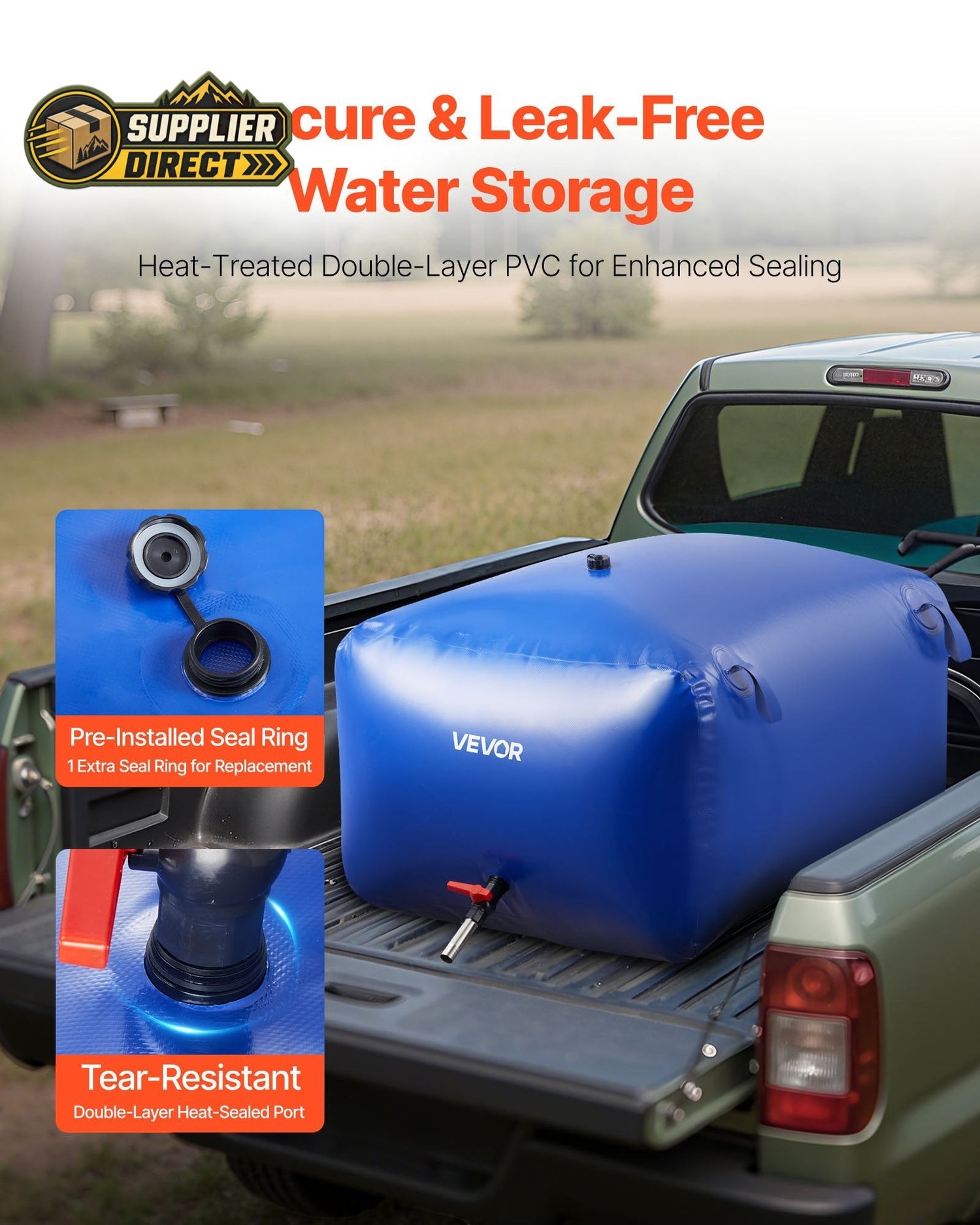 PrepPro Australia 400L blue PVC water storage bladder in a truck bed for camping and emergency water transport.