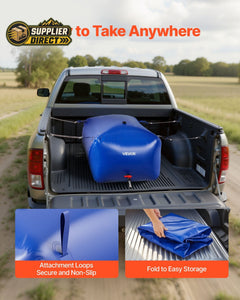 PrepPro Australia 400L blue PVC water storage bladder secured in a pickup truck bed with detail of folding design