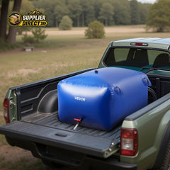 PrepPro Australia 400L blue PVC water storage bladder secured in the bed of a pickup truck for outdoor use.