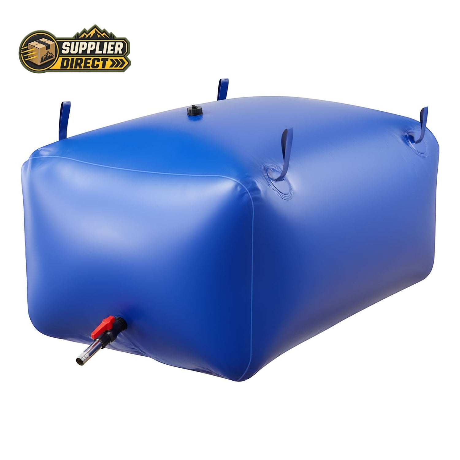PrepPro Australia 400L blue heavy-duty PVC water storage bladder with faucet valve and reinforced anchor straps