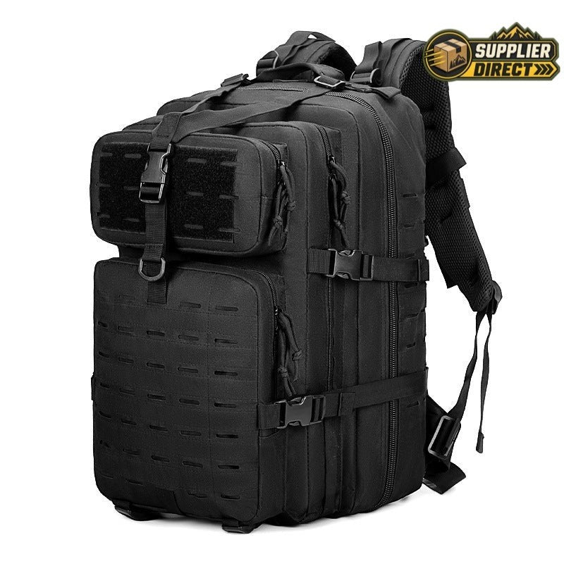 PrepPro Australia 45L black tactical hiking backpack made of durable Oxford cloth with multiple storage compartments.