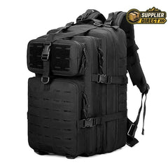 PrepPro Australia 45L black tactical hiking backpack made of durable Oxford cloth with multiple storage compartments.