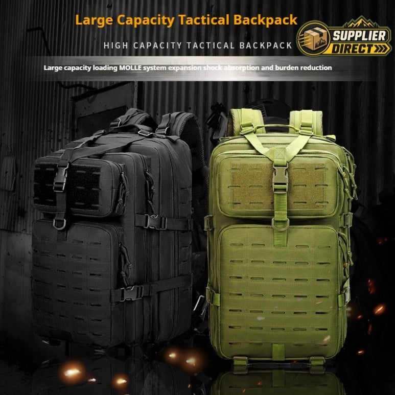 PrepPro Australia 45L tactical hiking backpacks in black and army green with MOLLE webbing and durable Oxford cloth.