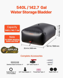 PrepPro Australia 540L heavy-duty black PVC water storage bladder with included faucet, connectors, and repair kit.