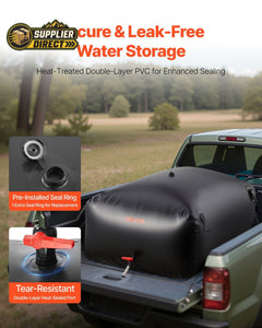 PrepPro Australia 540L heavy-duty black PVC water storage bladder secured in a truck bed for transport.