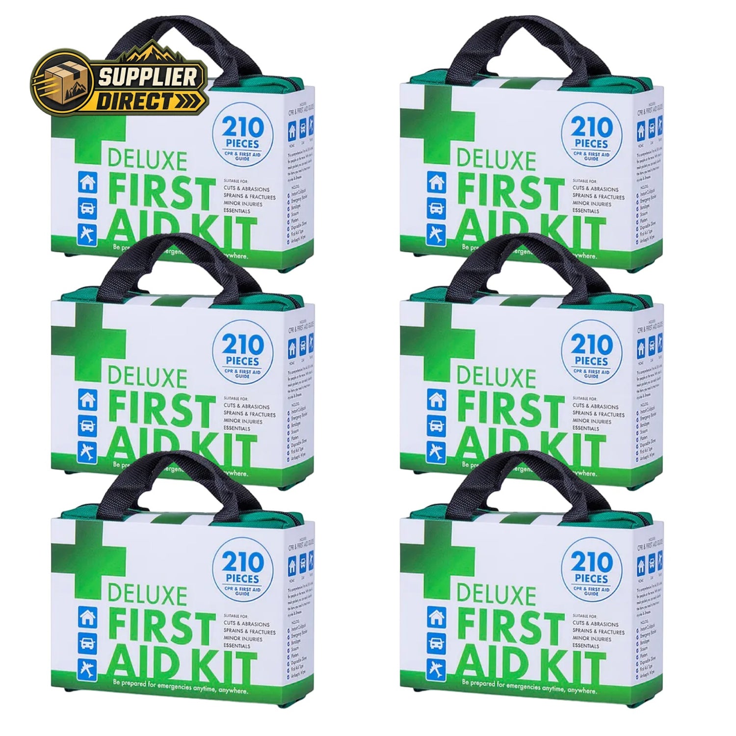 PrepPro Australia 6 pack of 210-piece portable first aid kits in green and white carry cases for emergency medical use