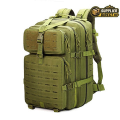 PrepPro Australia 45L army green tactical hiking backpack made of durable Oxford cloth with multiple compartments.
