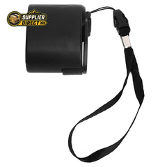PrepPro Australia black portable hand crank USB phone charger with a convenient carry lanyard for outdoor emergencies.