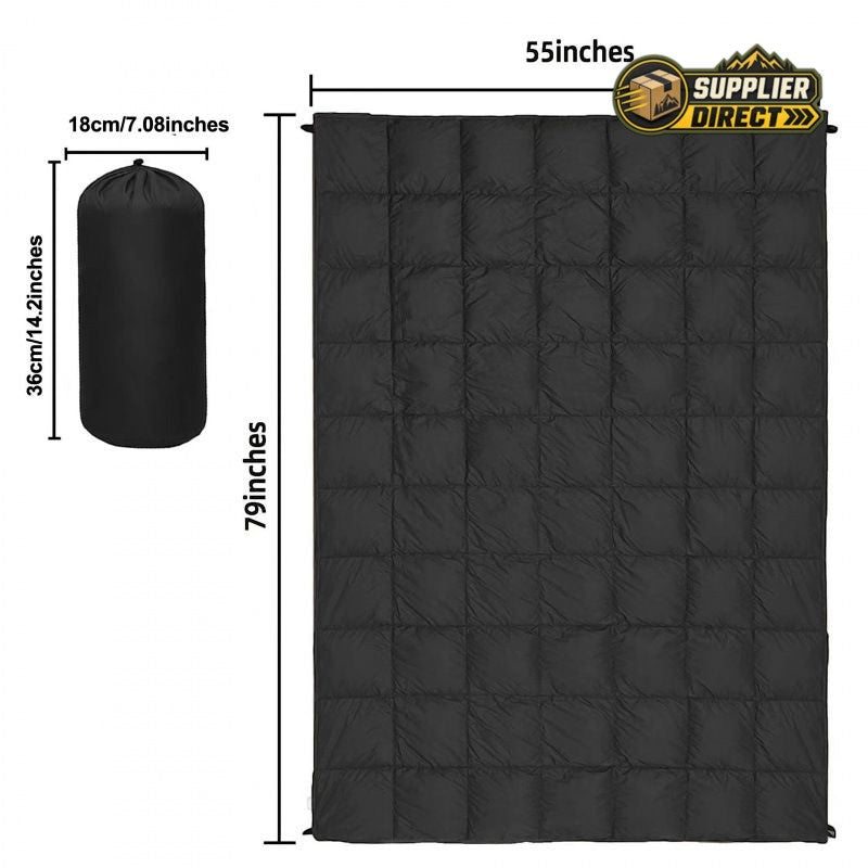 PrepPro Australia black quilted wearable camping blanket with dimensions and compact storage bag included