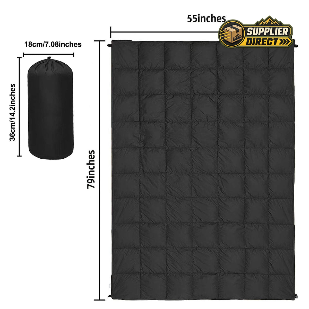 PrepPro Australia black quilted wearable camping blanket with storage bag, showing dimensions in inches.