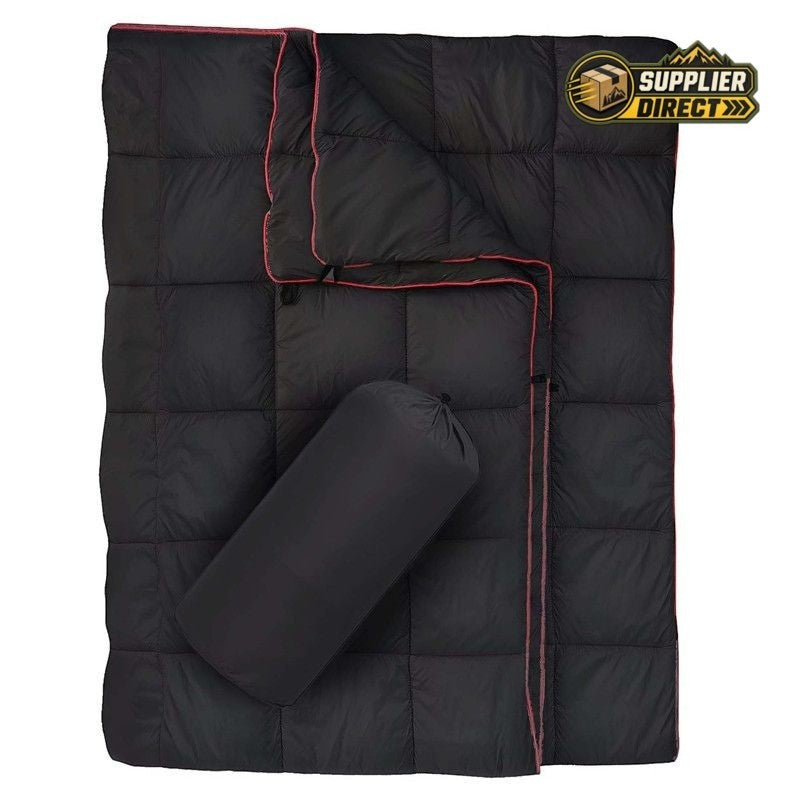 PrepPro Australia black quilted wearable camping blanket with red trim and matching storage bag for outdoor travel