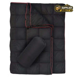 PrepPro Australia black quilted wearable camping blanket with red trim and matching storage bag for outdoor travel