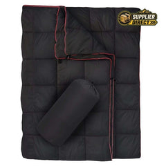 PrepPro Australia black quilted wearable camping blanket with red trim and matching storage bag for outdoor travel