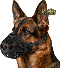 PrepPro Australia humane black silicone basket dog muzzle worn by a German Shepherd for safe training and travel