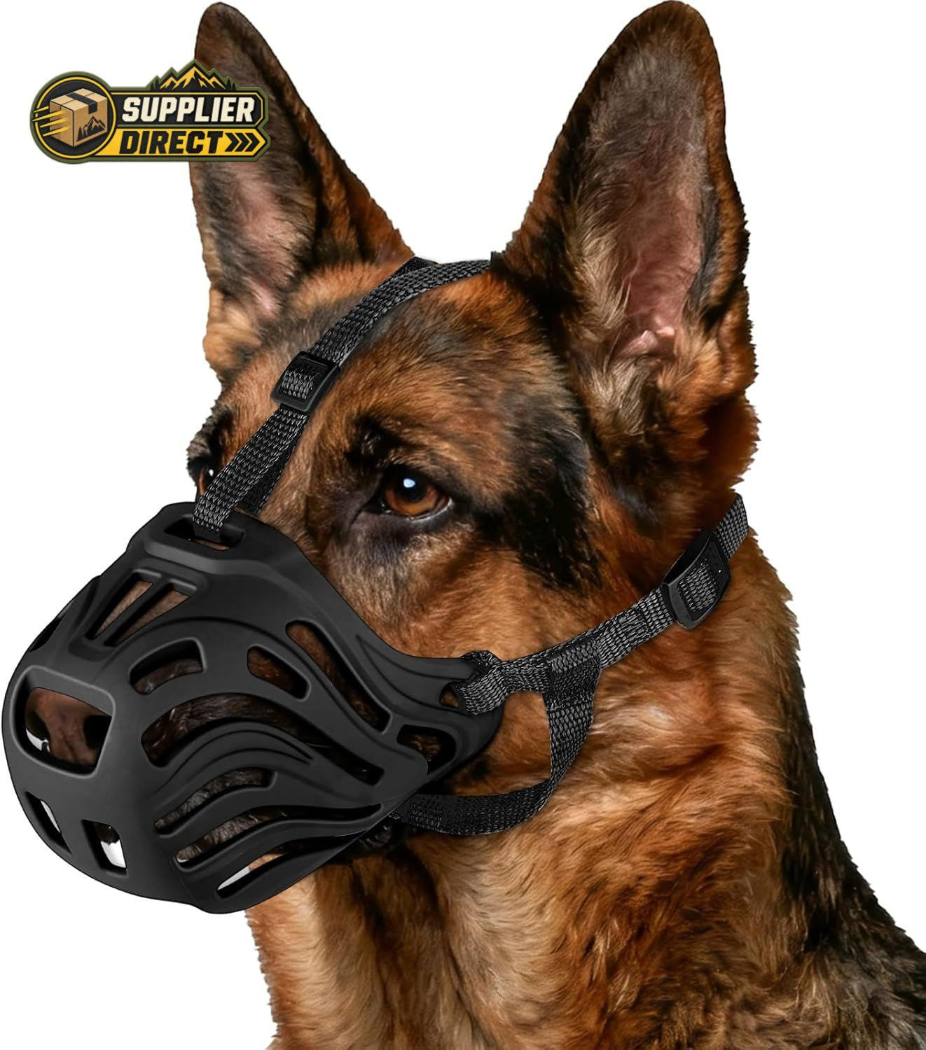 PrepPro Australia soft black TPE silicone basket dog muzzle on a German Shepherd for safe and humane training