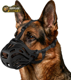 PrepPro Australia soft black TPE silicone basket dog muzzle on a German Shepherd for safe and humane training
