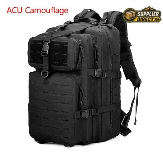 PrepPro Australia 45L black tactical hiking backpack with multiple compartments and durable Oxford cloth construction