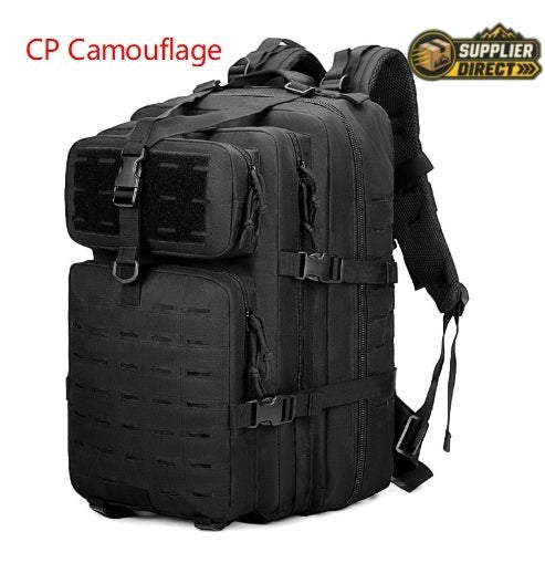 PrepPro Australia 45L black tactical hiking backpack with multiple compartments and durable Oxford cloth construction