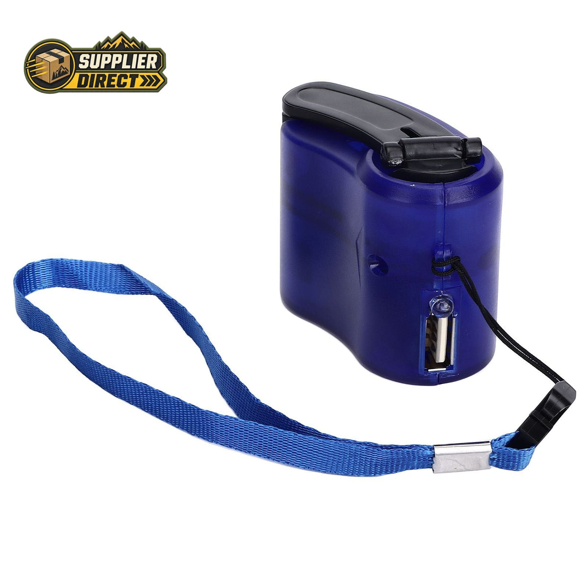 PrepPro Australia blue portable hand crank USB phone charger with a lanyard for outdoor emergency power