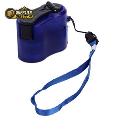 PrepPro Australia blue portable hand crank USB phone charger with a translucent frosted case and a wrist lanyard.