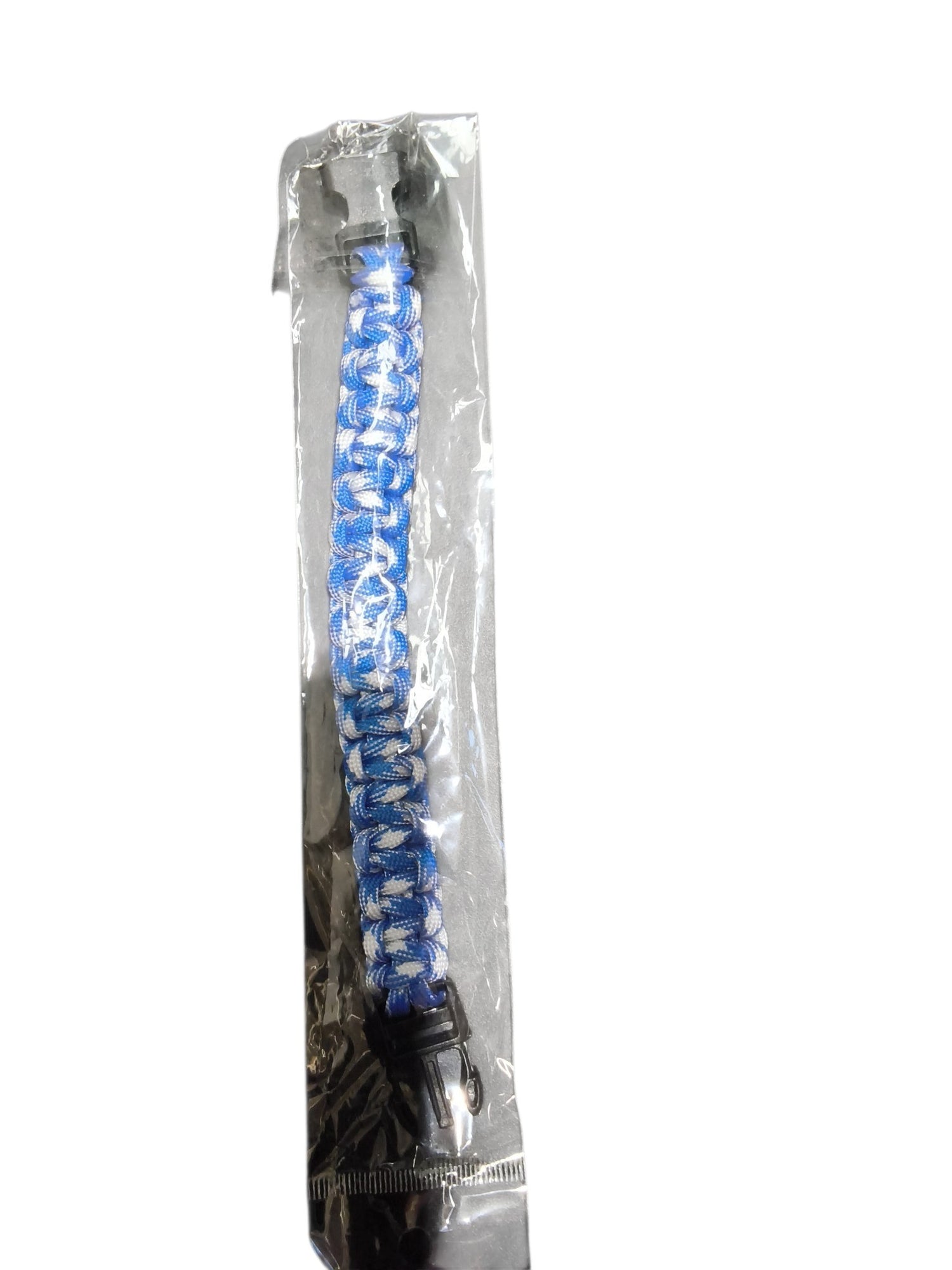 PrepPro Australia 22cm blue and white braided paracord survival bracelet in clear plastic packaging