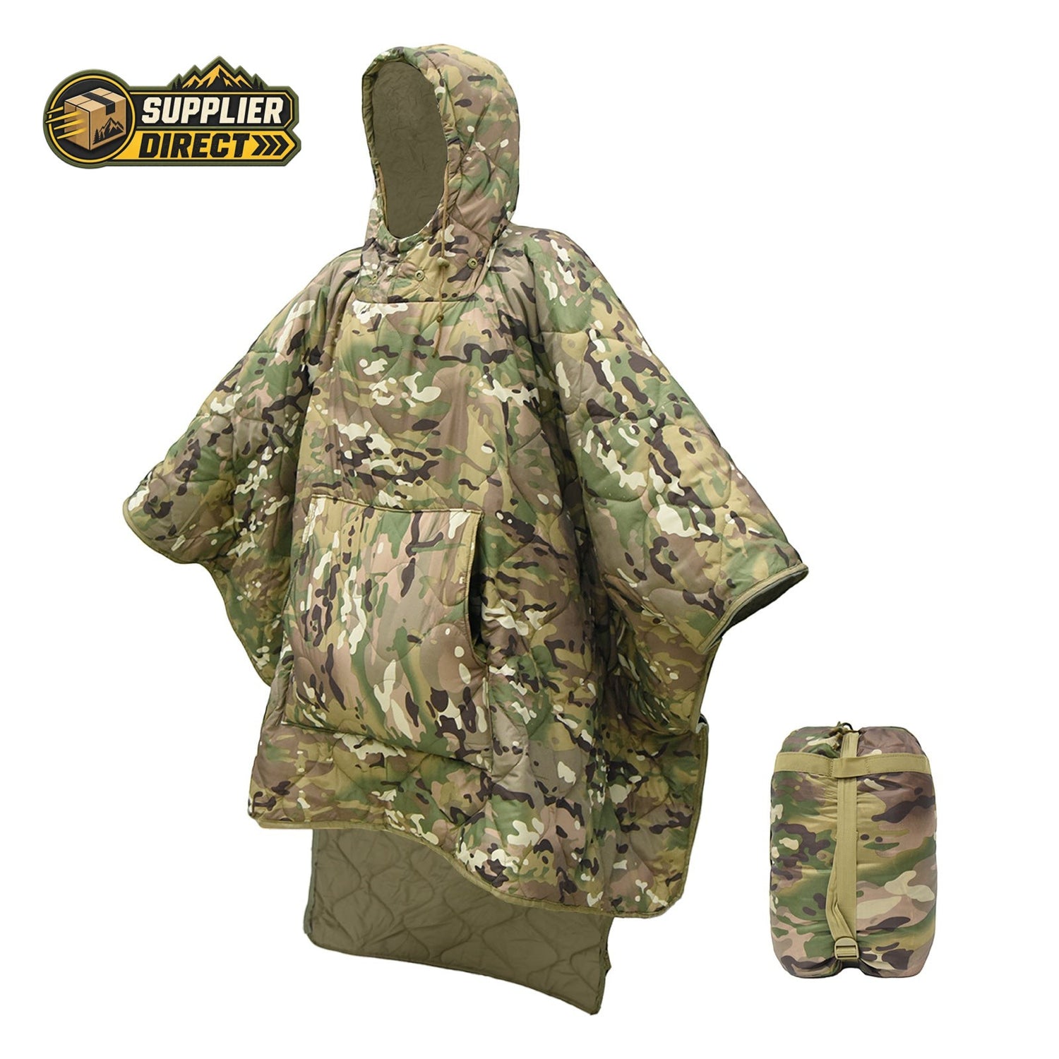 PrepPro Australia convertible hooded camping blanket in camouflage pattern, shown as a wearable poncho and packed bag.