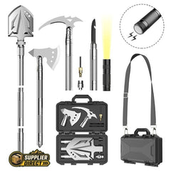 PrepPro Australia outdoor camping shovel set with axe, pick, flashlight, and carrying case in aluminum alloy