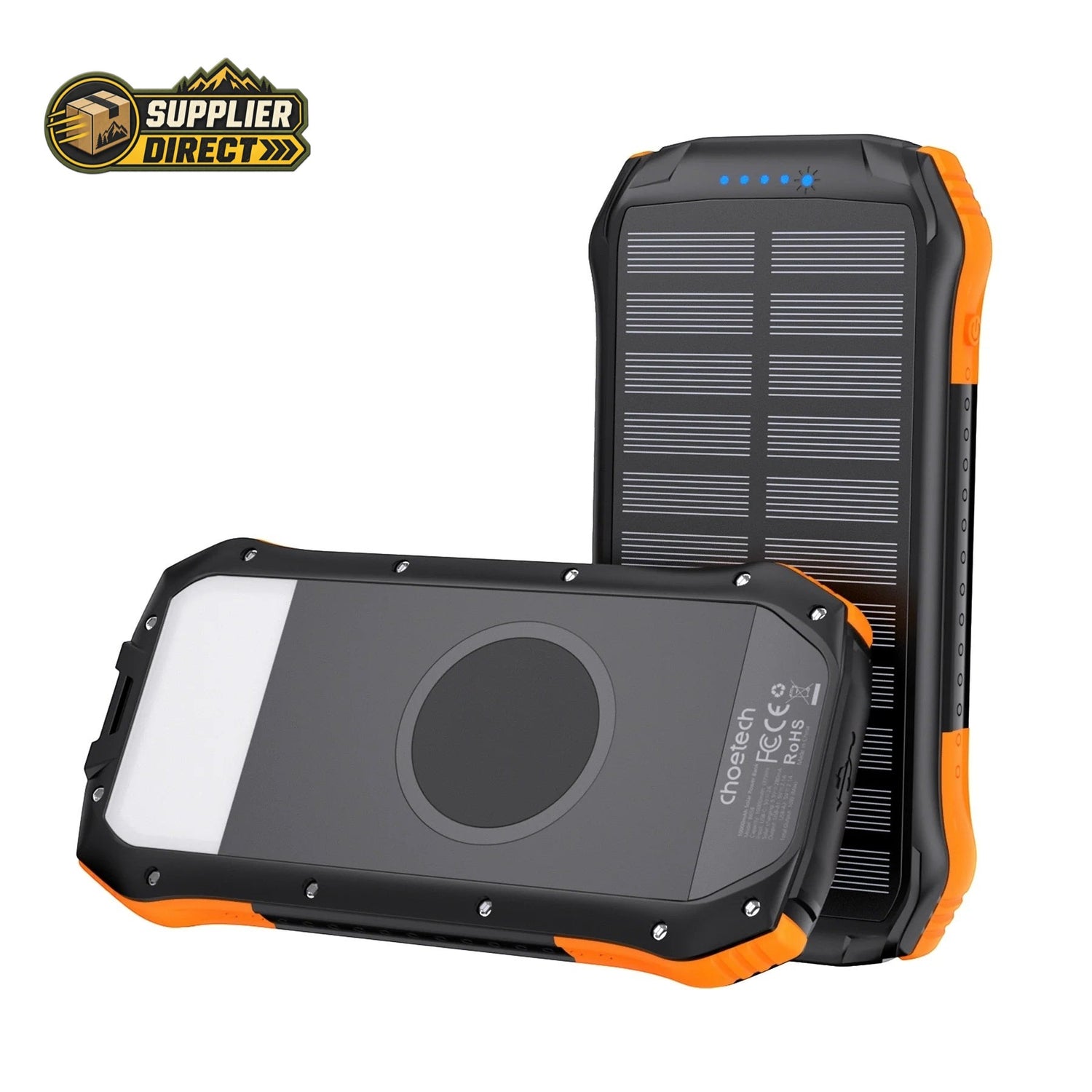 PrepPro Australia CHOETECH 10,000mAh solar power bank with black and orange rugged casing and integrated LED light.