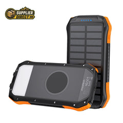 PrepPro Australia CHOETECH 10,000mAh solar power bank with black and orange rugged casing and integrated LED light.